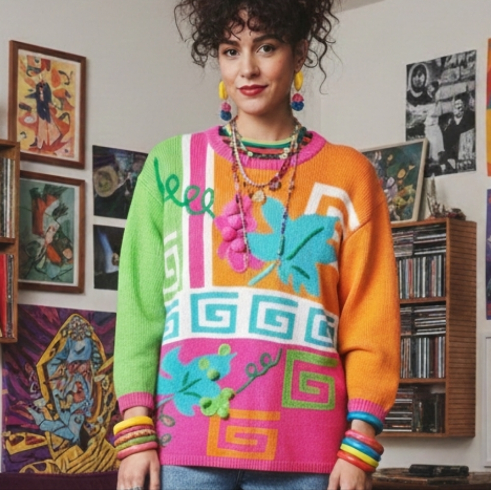 Santoria L Vintage 80s 90s Neon Artsy Eclectic Abstract Dopamine 3D Knit Sweater